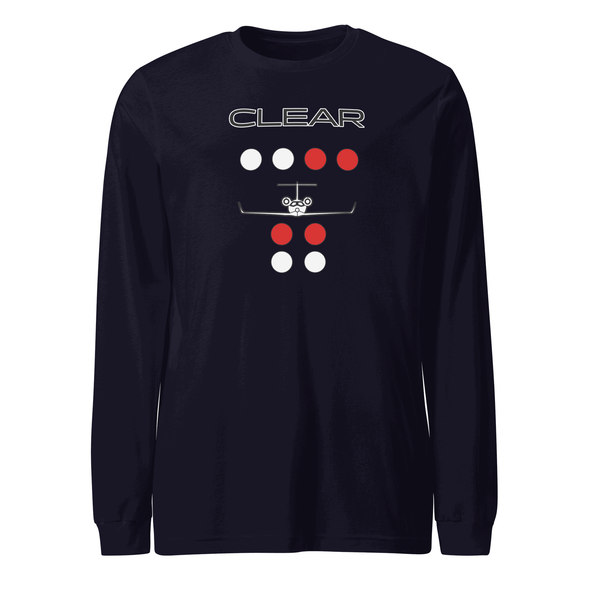 Navy Clear to Land private jet unisex long sleeve flying T-shirt with aviation themed graphic design