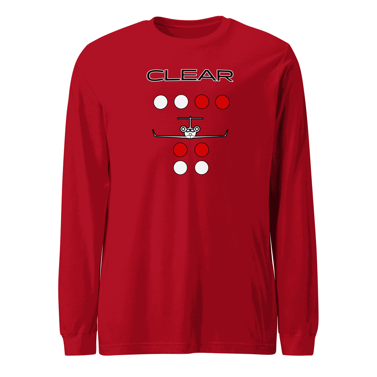 Red long sleeve flying T-shirt with &quot;Clear to land&quot; private jet graphic and crew neck design