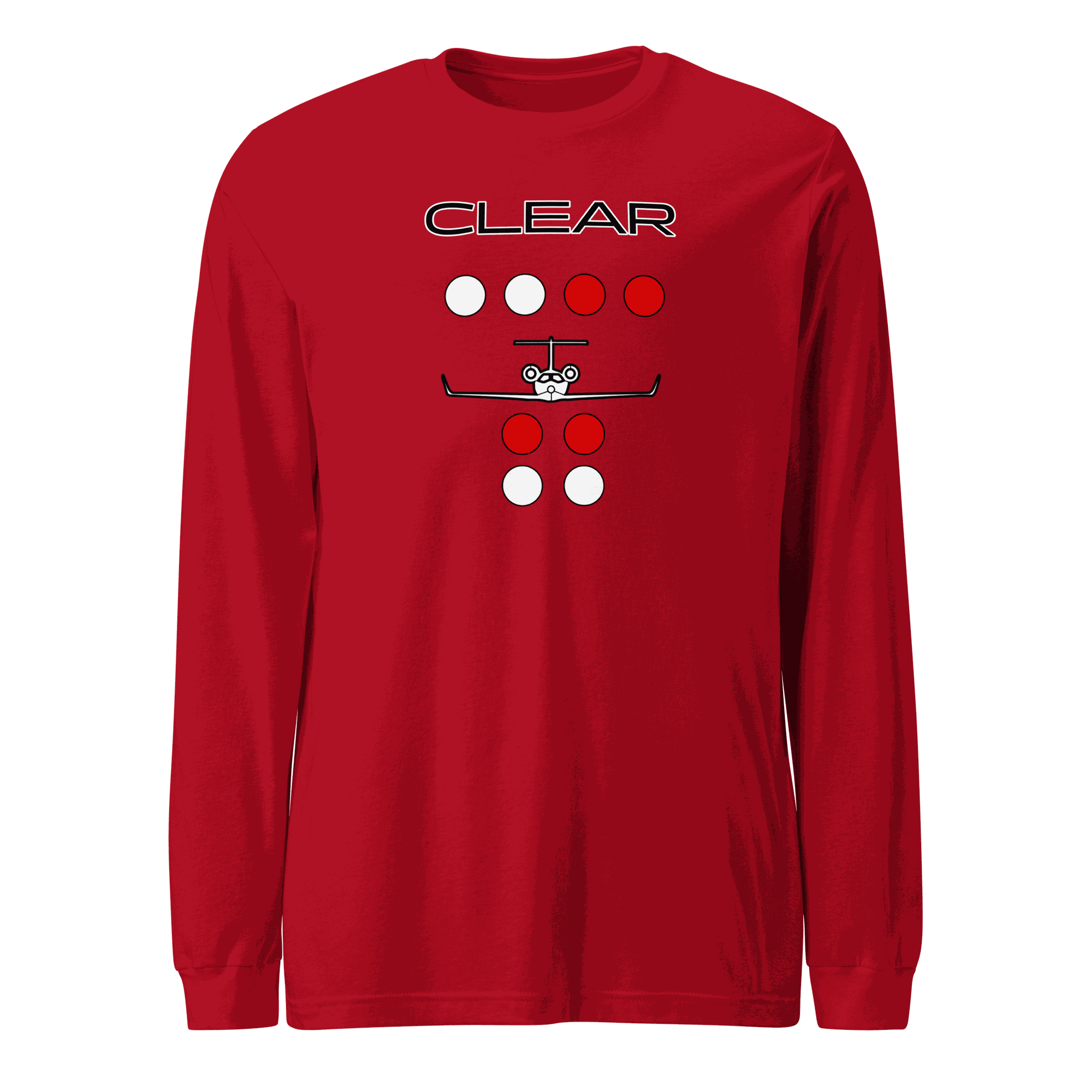 Red long sleeve flying T-shirt with &quot;Clear to land&quot; private jet graphic and crew neck design