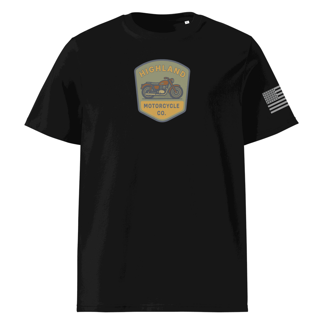 Black Highland Motorcycle Co. unisex organic cotton t-shirt with motorcycle logo and American flag on sleeve