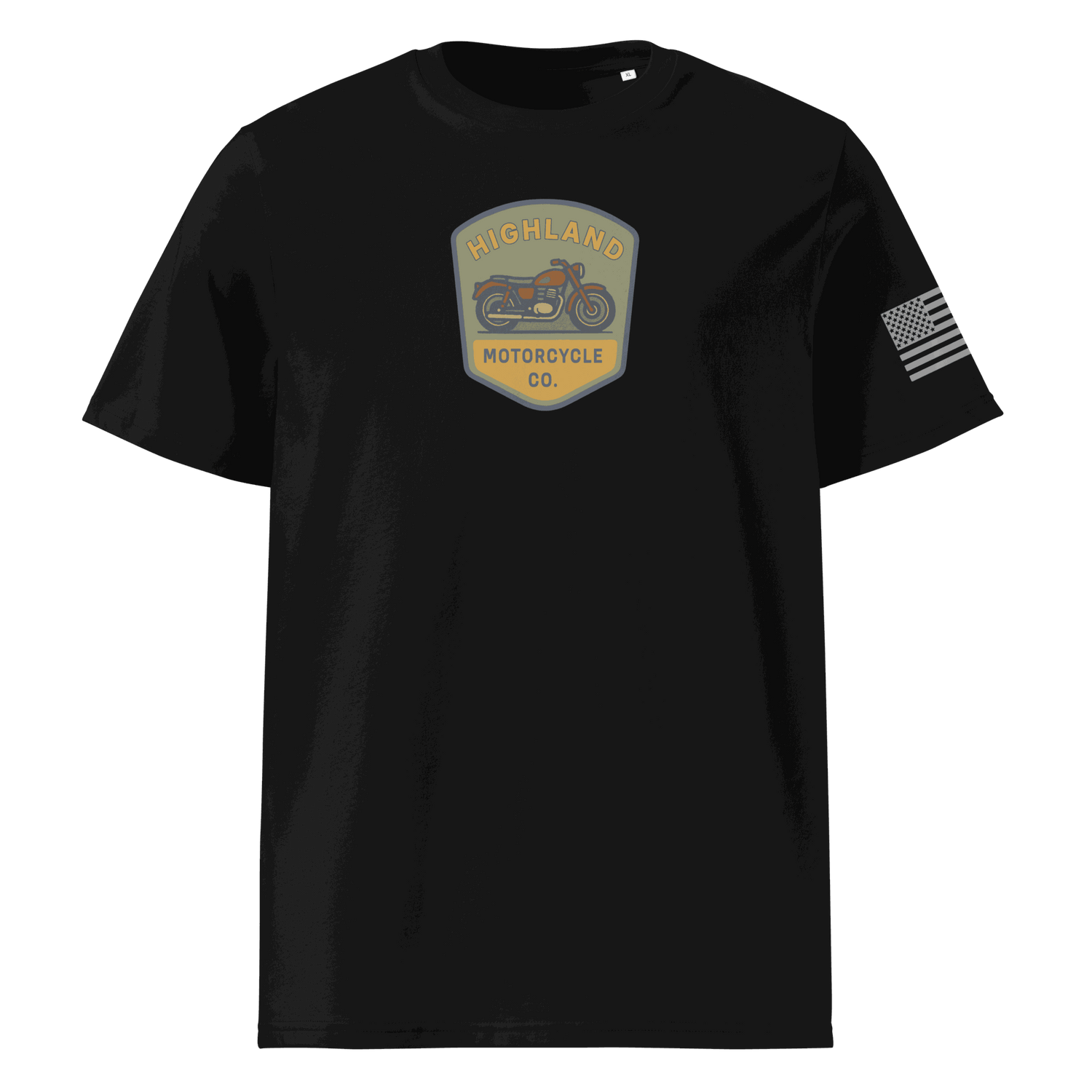 Black Highland Motorcycle Co. unisex organic cotton t-shirt with motorcycle logo and American flag on sleeve