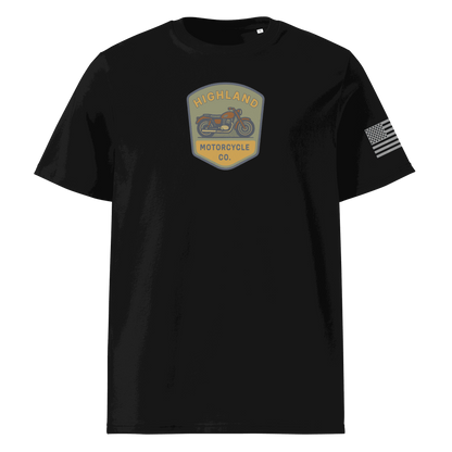 Black Highland Motorcycle Co. unisex organic cotton t-shirt with motorcycle logo and American flag on sleeve