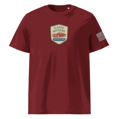 Classic Motoring cotton t-shirt in maroon with vintage car emblem and American flag on sleeve, made from 100% organic cotton, eco-friendly and comfortable