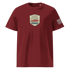 Classic Motoring cotton t-shirt in maroon with vintage car emblem and American flag on sleeve, made from 100% organic cotton, eco-friendly and comfortable