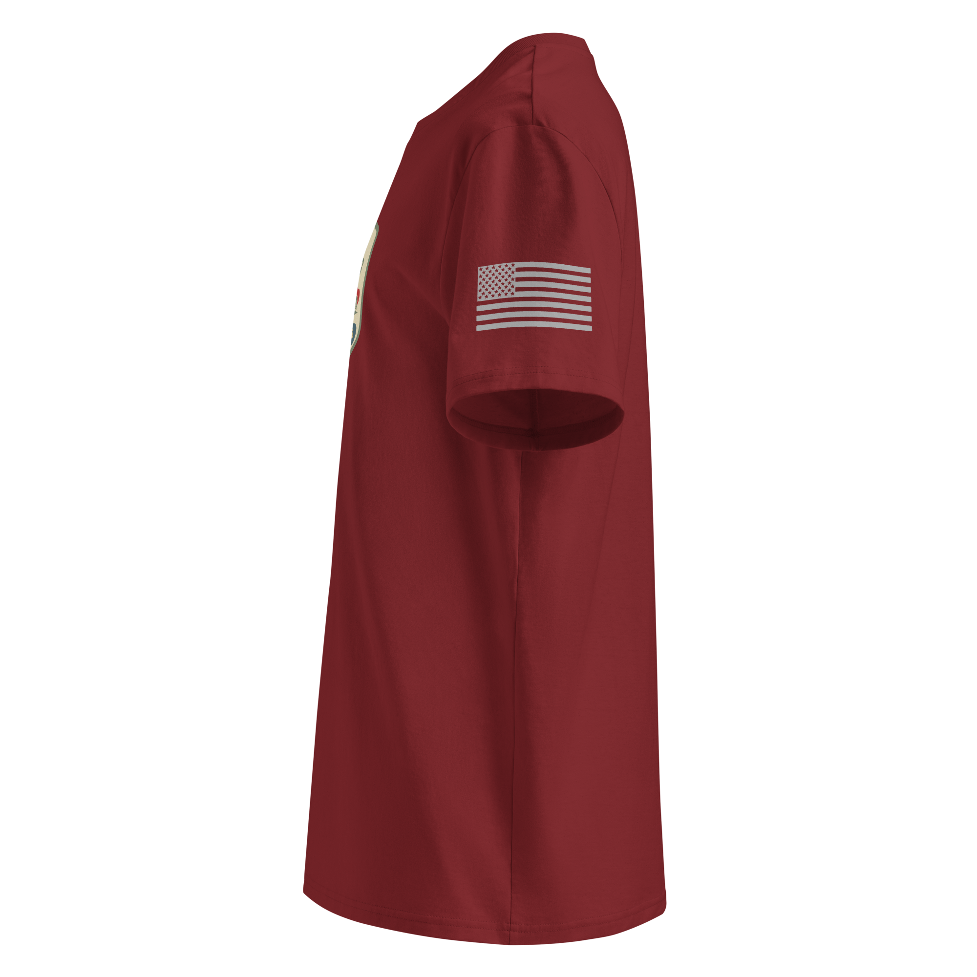 Side view of red Classic Motoring cotton t-shirt made from 100% organic cotton with American flag on sleeve