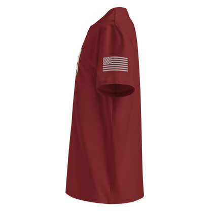 Side view of red Classic Motoring cotton t-shirt made from 100% organic cotton with American flag on sleeve