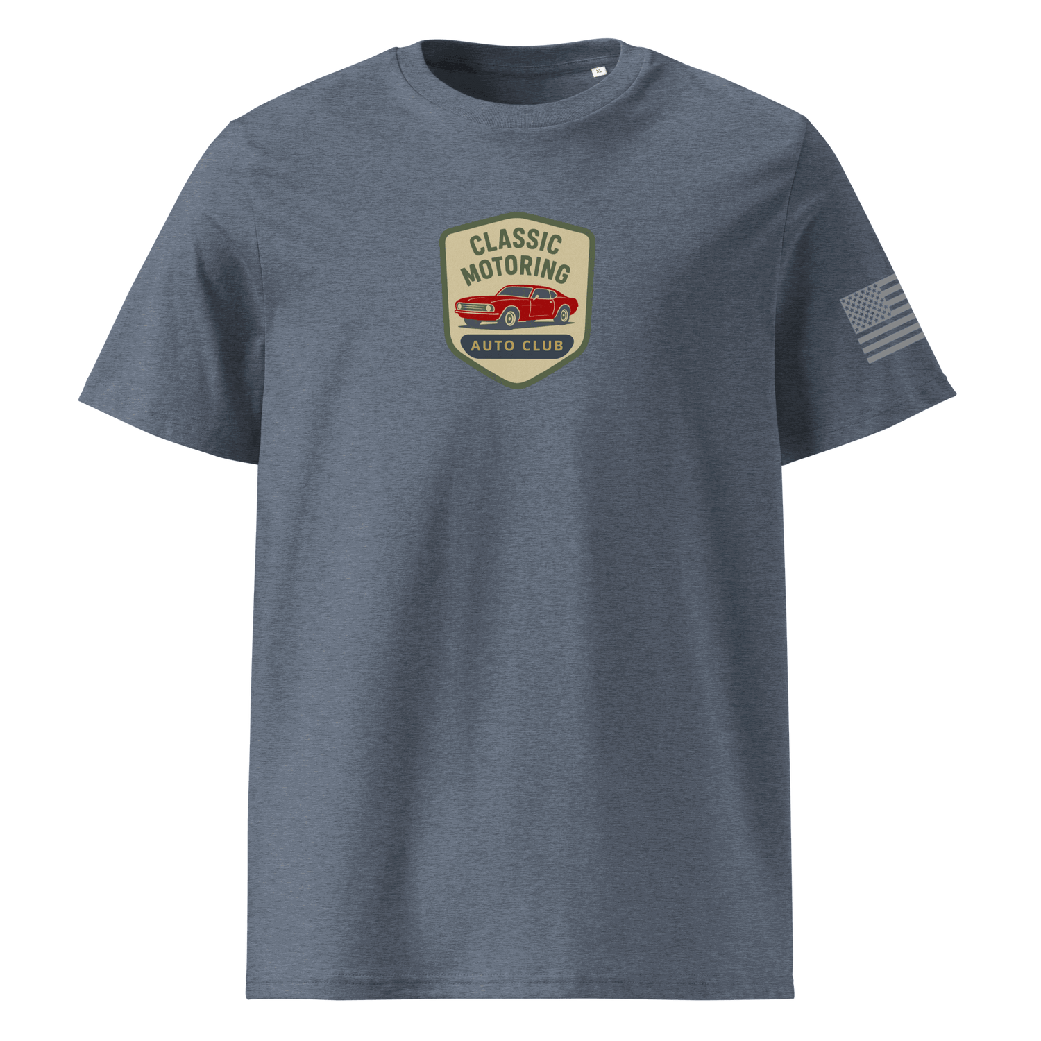 Classic Motoring cotton t-shirt in blue with vintage car logo made from 100% organic cotton