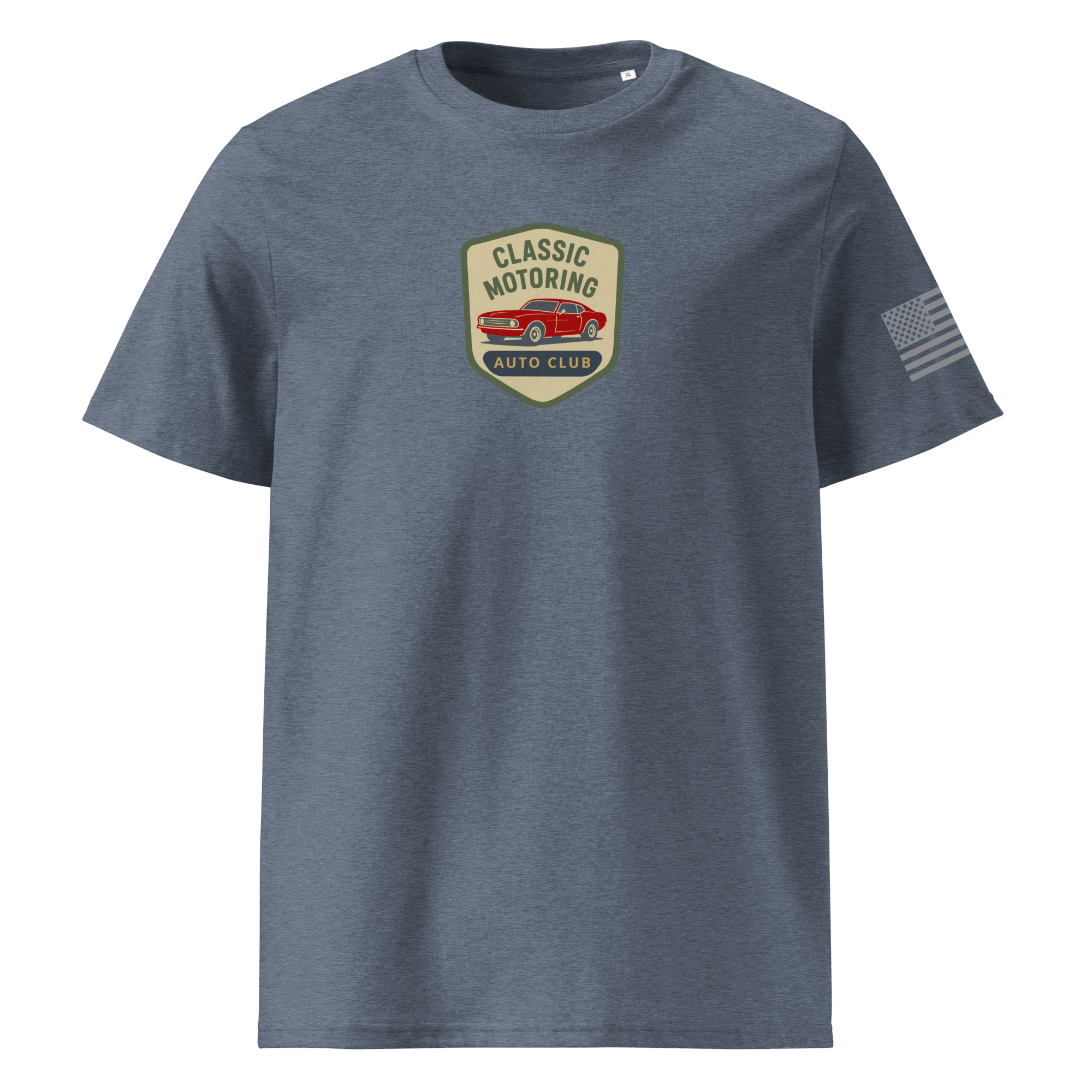 Classic Motoring cotton t-shirt in blue with vintage car logo made from 100% organic cotton