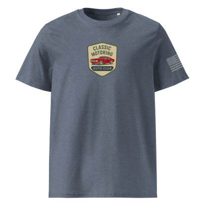 Classic Motoring cotton t-shirt in blue with vintage car logo made from 100% organic cotton