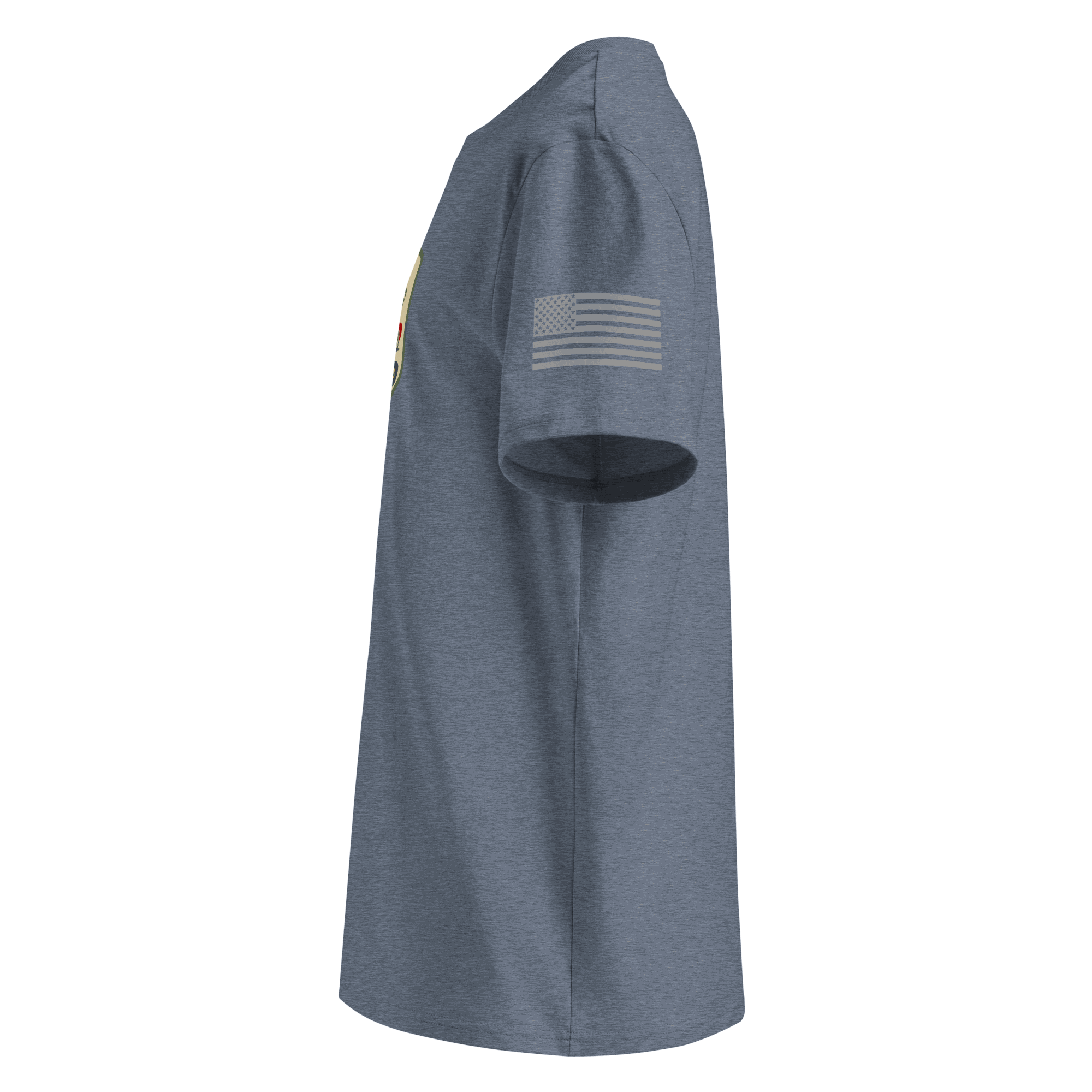 Side view of a blue Classic Motoring cotton t-shirt made from 100% organic cotton with an American flag print on the sleeve.