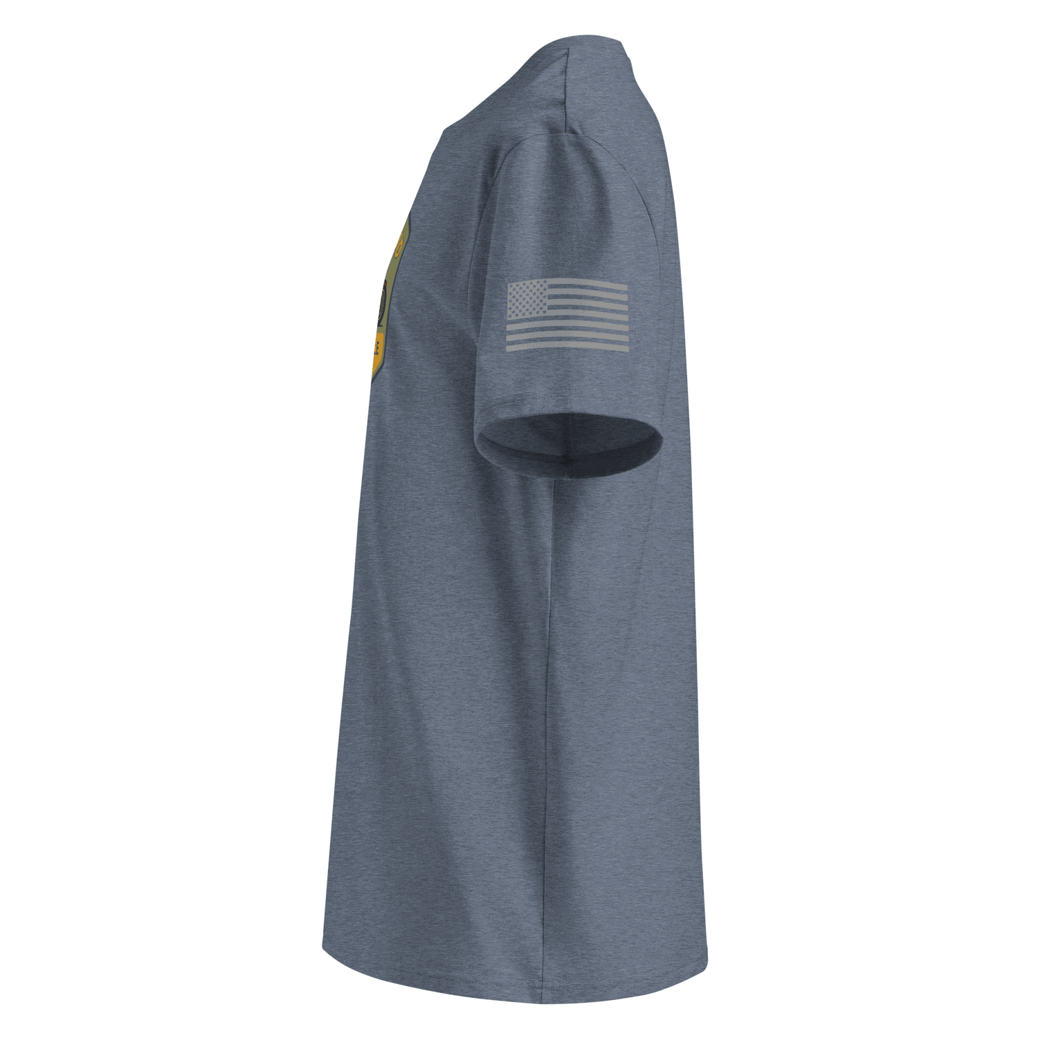 Side view of Highland Motorcycle Co. organic cotton unisex t-shirt in heather blue with American flag print on sleeve