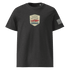 Classic Motoring cotton t-shirt in dark gray with vintage car logo and American flag on sleeve, made from 100% organic cotton.