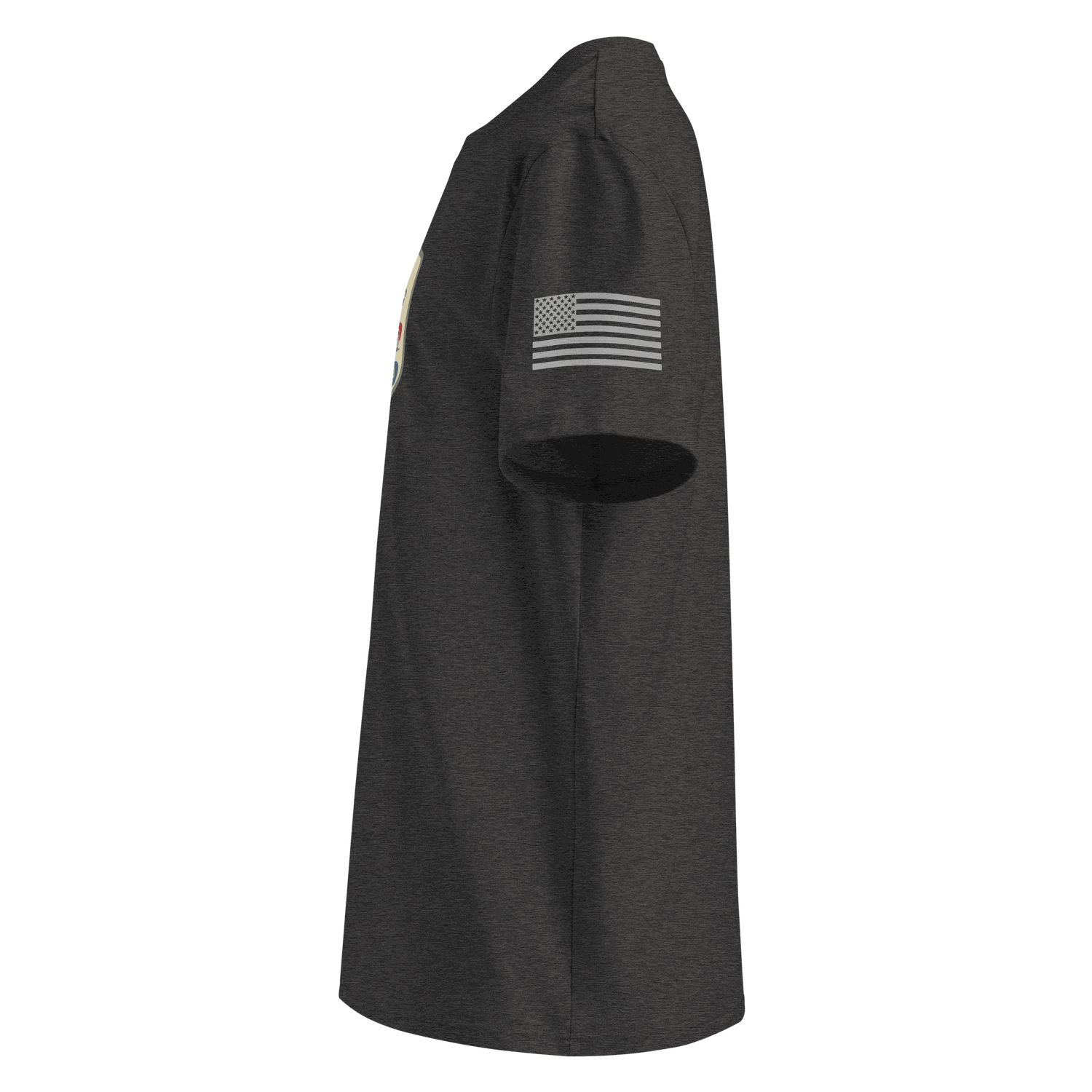 Side view of Classic Motoring cotton t-shirt in dark color with American flag on sleeve