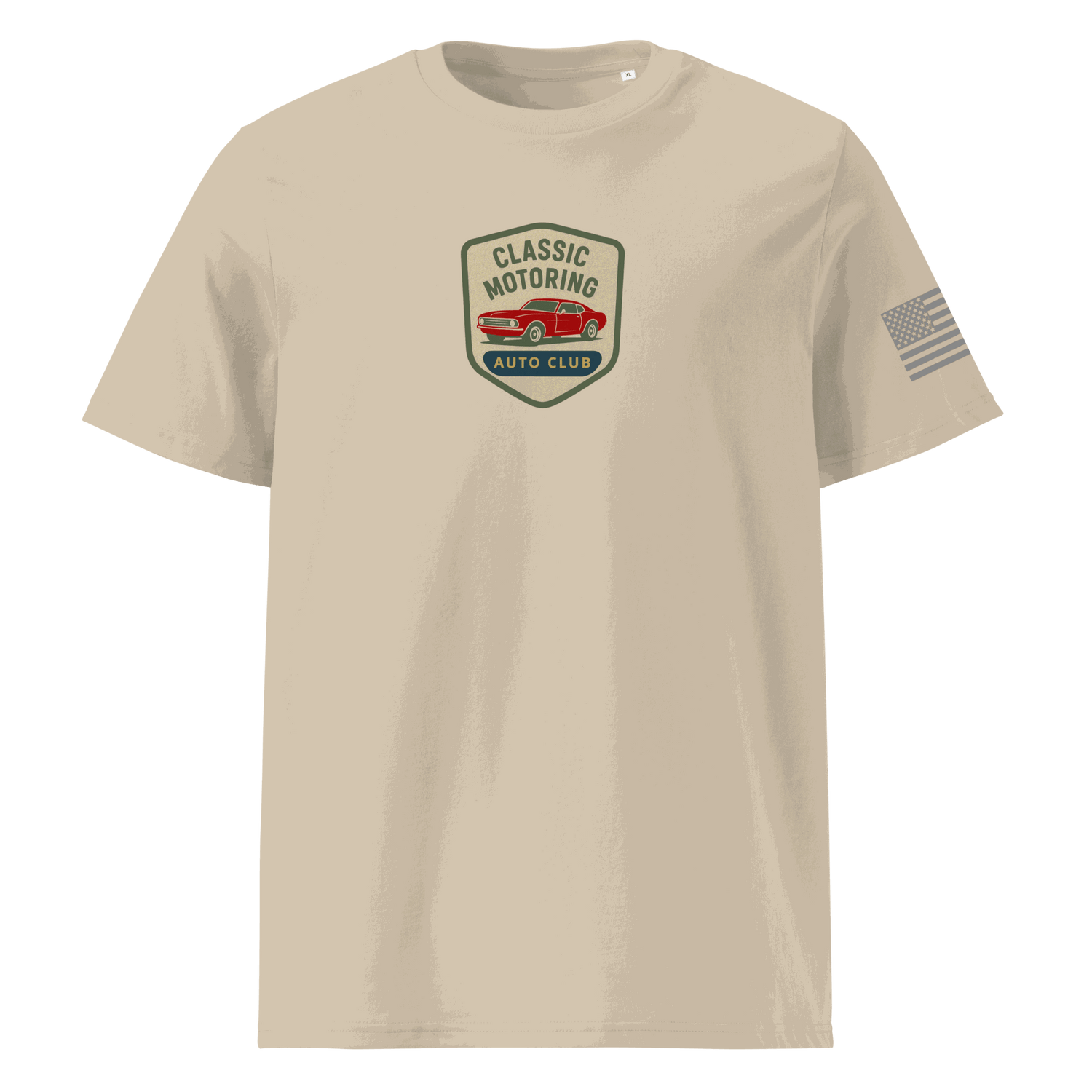 Classic Motoring cotton t-shirt in beige with vintage car logo and American flag on sleeve, made from 100% organic cotton.