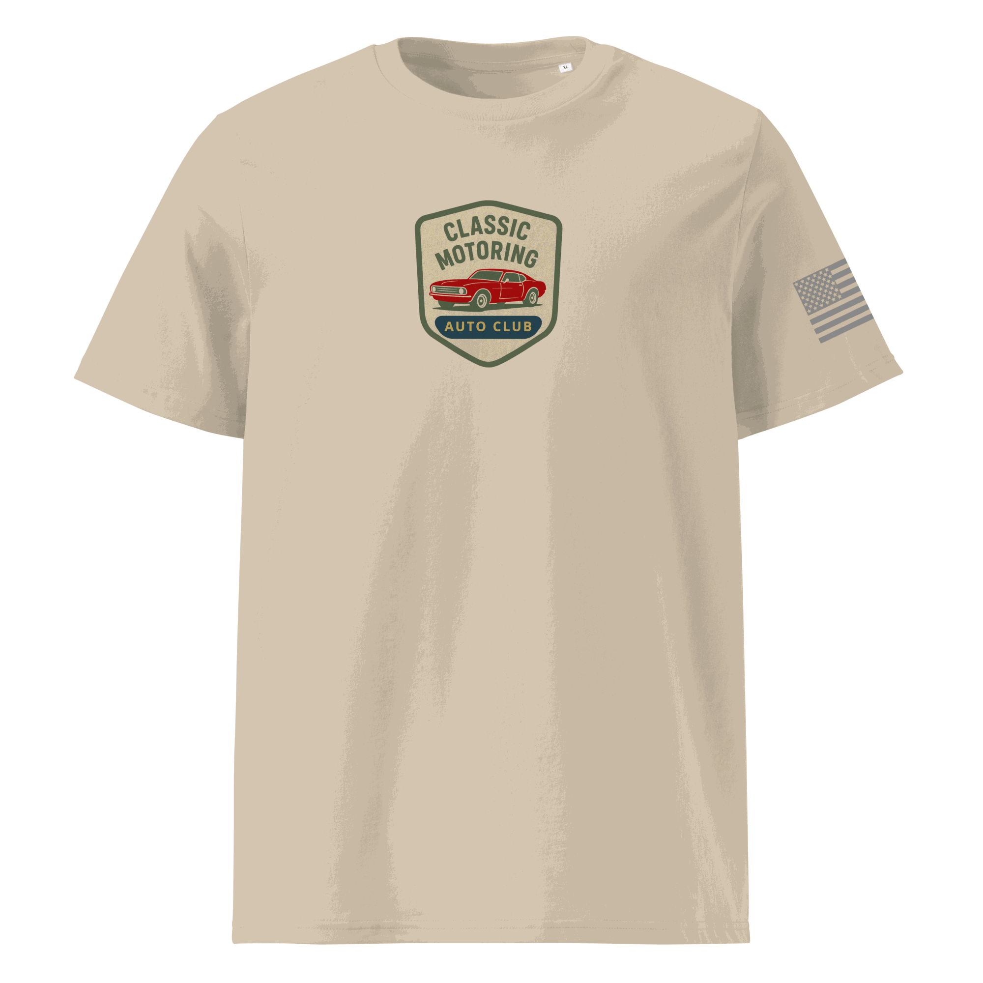 Classic Motoring cotton t-shirt in beige with vintage car logo and American flag on sleeve, made from 100% organic cotton.