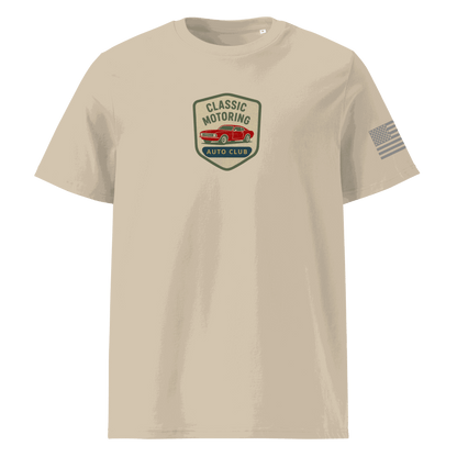 Classic Motoring cotton t-shirt in beige with vintage car logo and American flag on sleeve, made from 100% organic cotton.