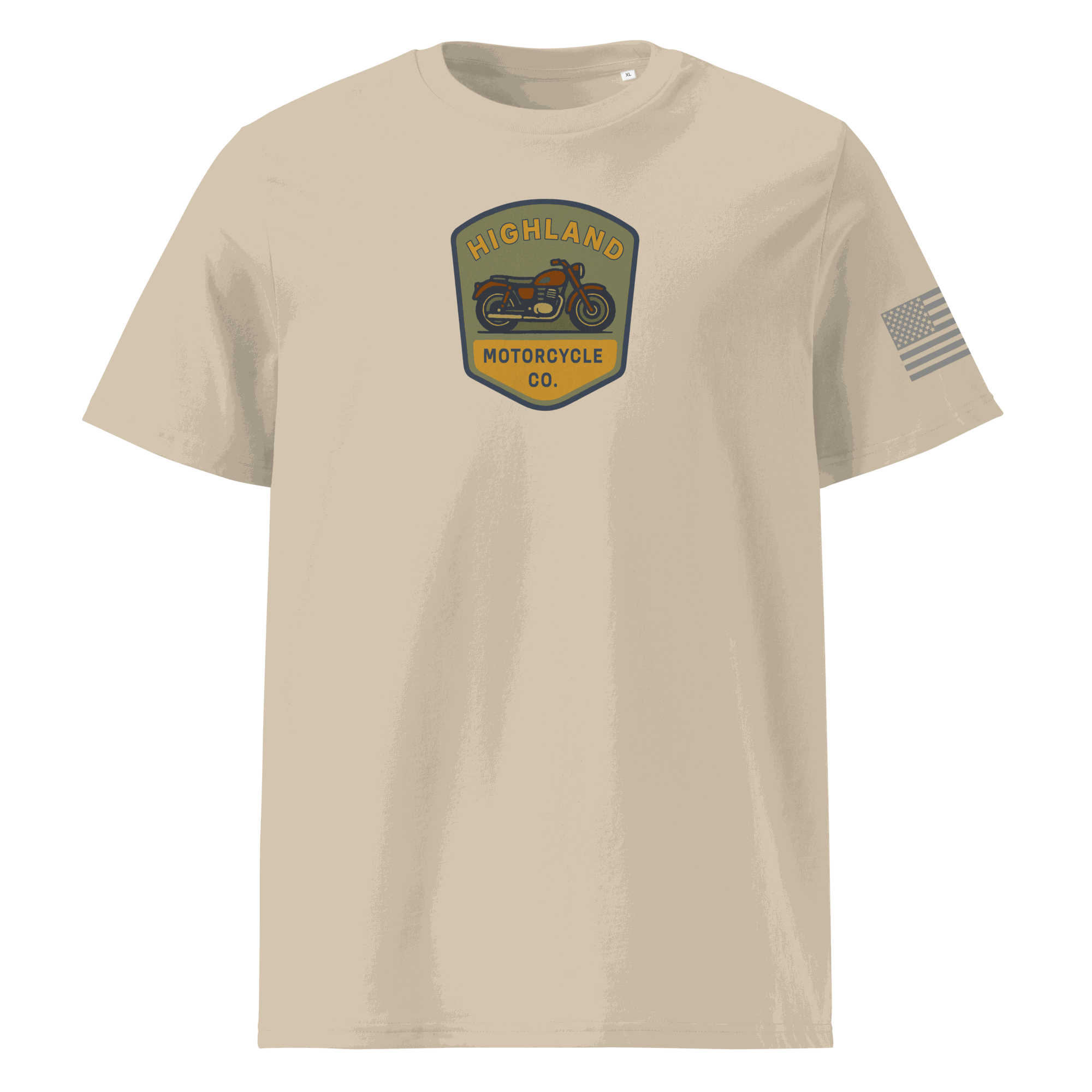 Highland Motorcycle Co. beige organic cotton unisex t-shirt with motorcycle logo and American flag sleeve print