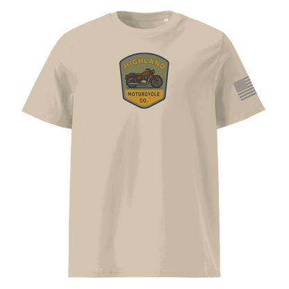 Highland Motorcycle Co. beige organic cotton unisex t-shirt with motorcycle logo and American flag sleeve print