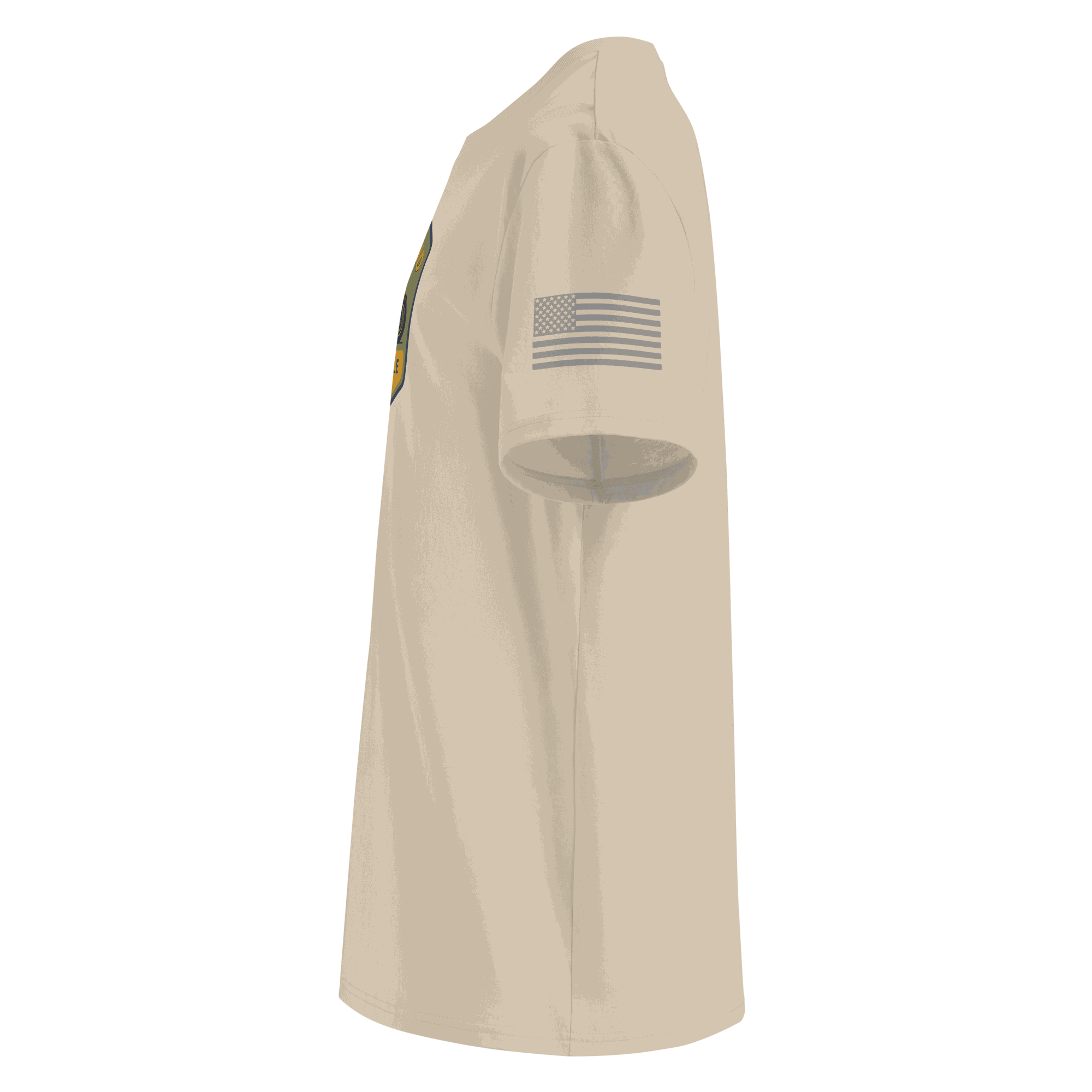 Side view of beige Highland Motorcycle Co. organic cotton t-shirt with American flag print on sleeve