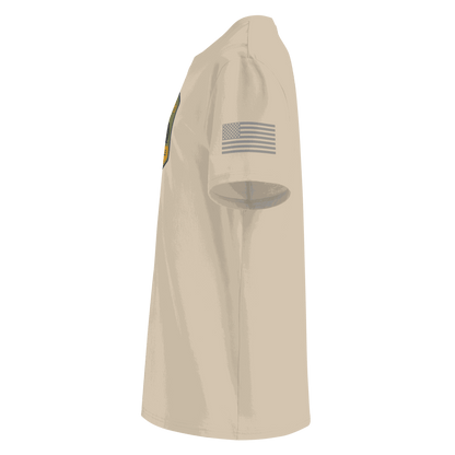 Side view of beige Highland Motorcycle Co. organic cotton t-shirt with American flag print on sleeve