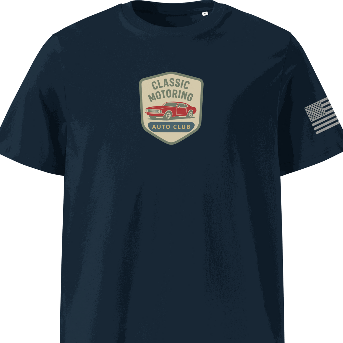 Classic Motoring cotton t-shirt in navy blue with vintage car graphic and American flag on sleeve, made from 100% organic cotton