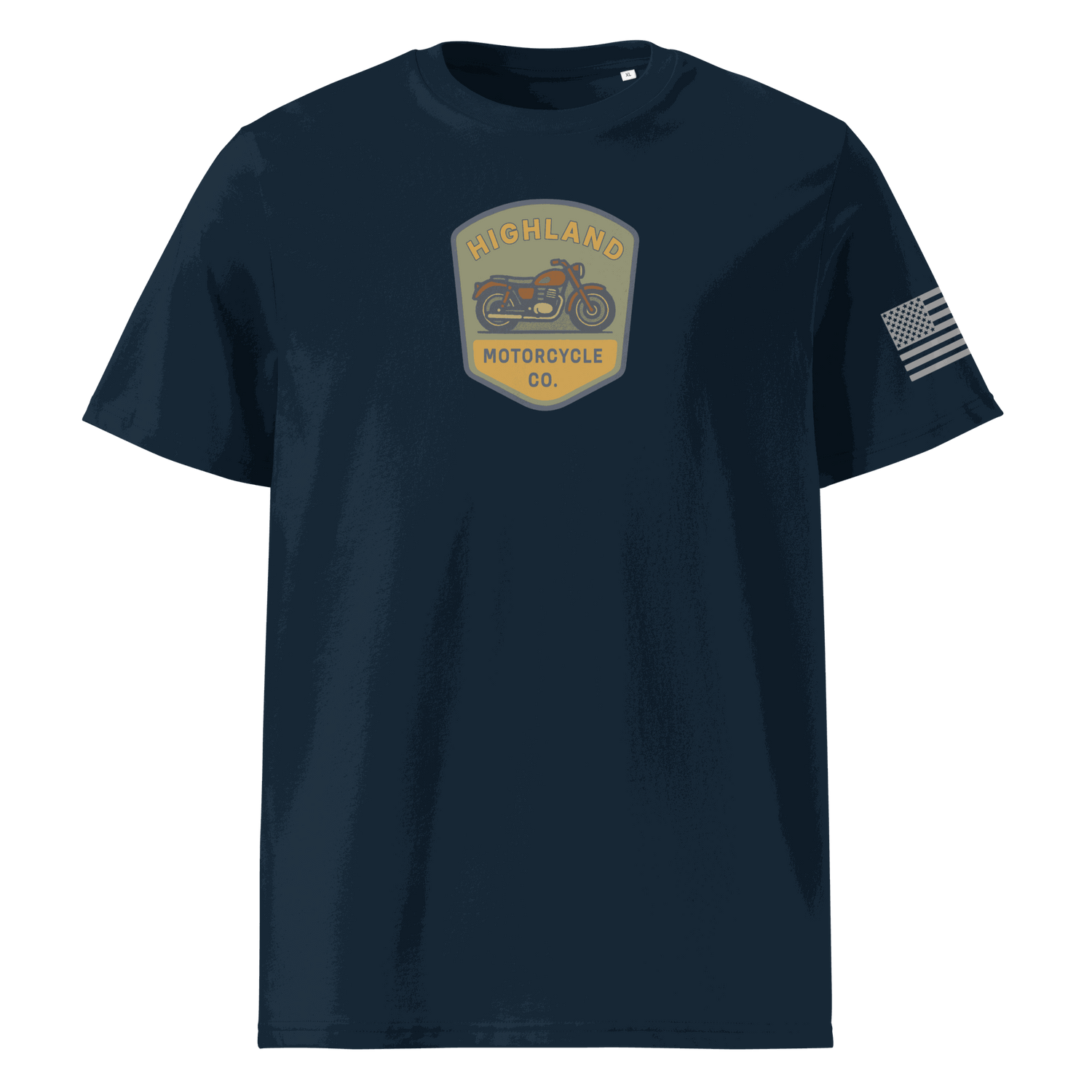 Navy Highland Motorcycle Co. cotton t-shirt with motorcycle logo and American flag on sleeve, made from 100% organic cotton.