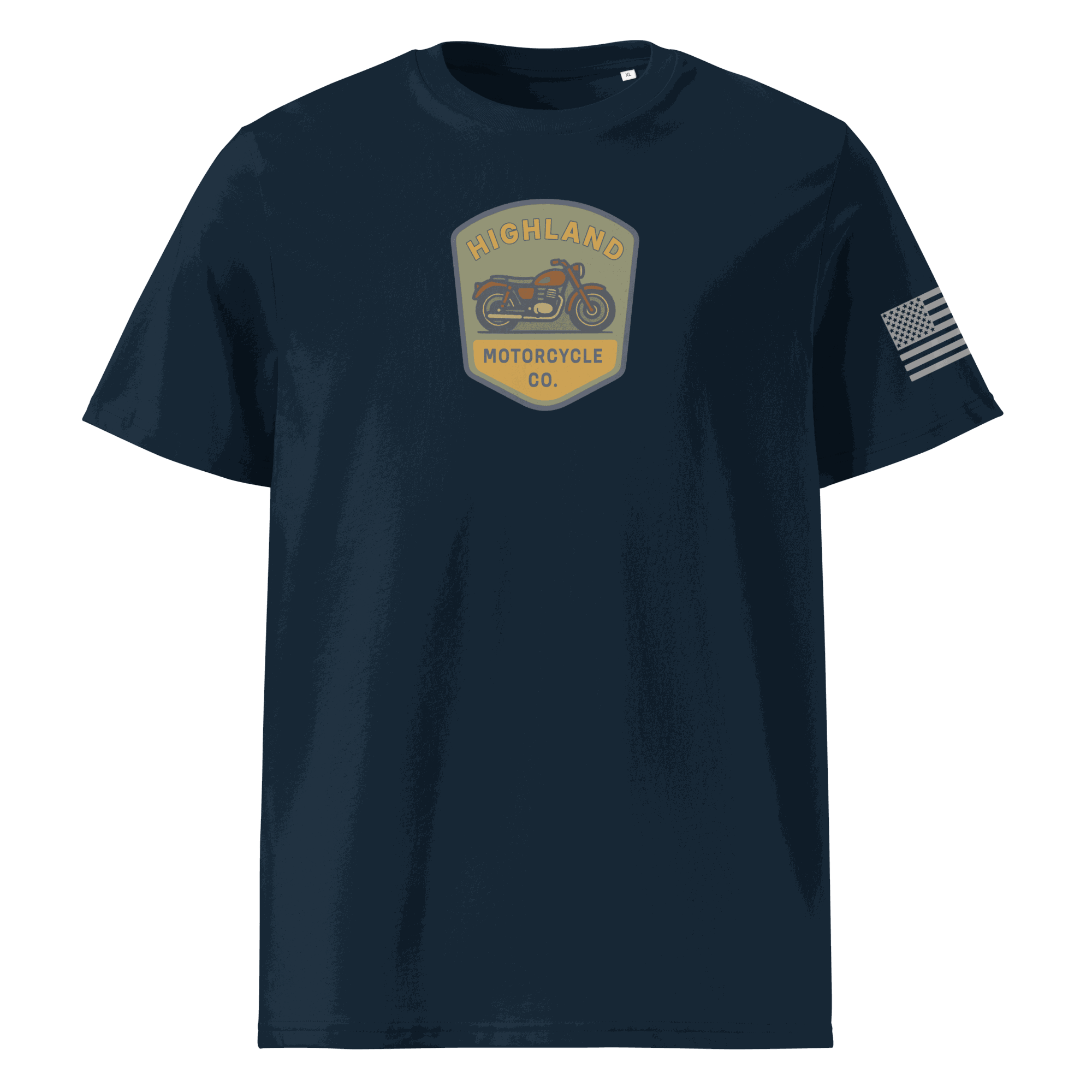 Navy Highland Motorcycle Co. cotton t-shirt with motorcycle logo and American flag on sleeve, made from 100% organic cotton.