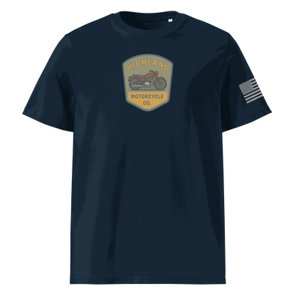 Navy Highland Motorcycle Co. cotton t-shirt with motorcycle logo and American flag on sleeve, made from 100% organic cotton.