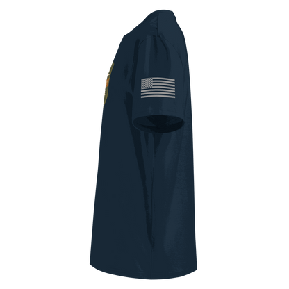 Side view of a navy blue Bush Pilot t-shirt made from 100% organic cotton with an American flag on the sleeve.
