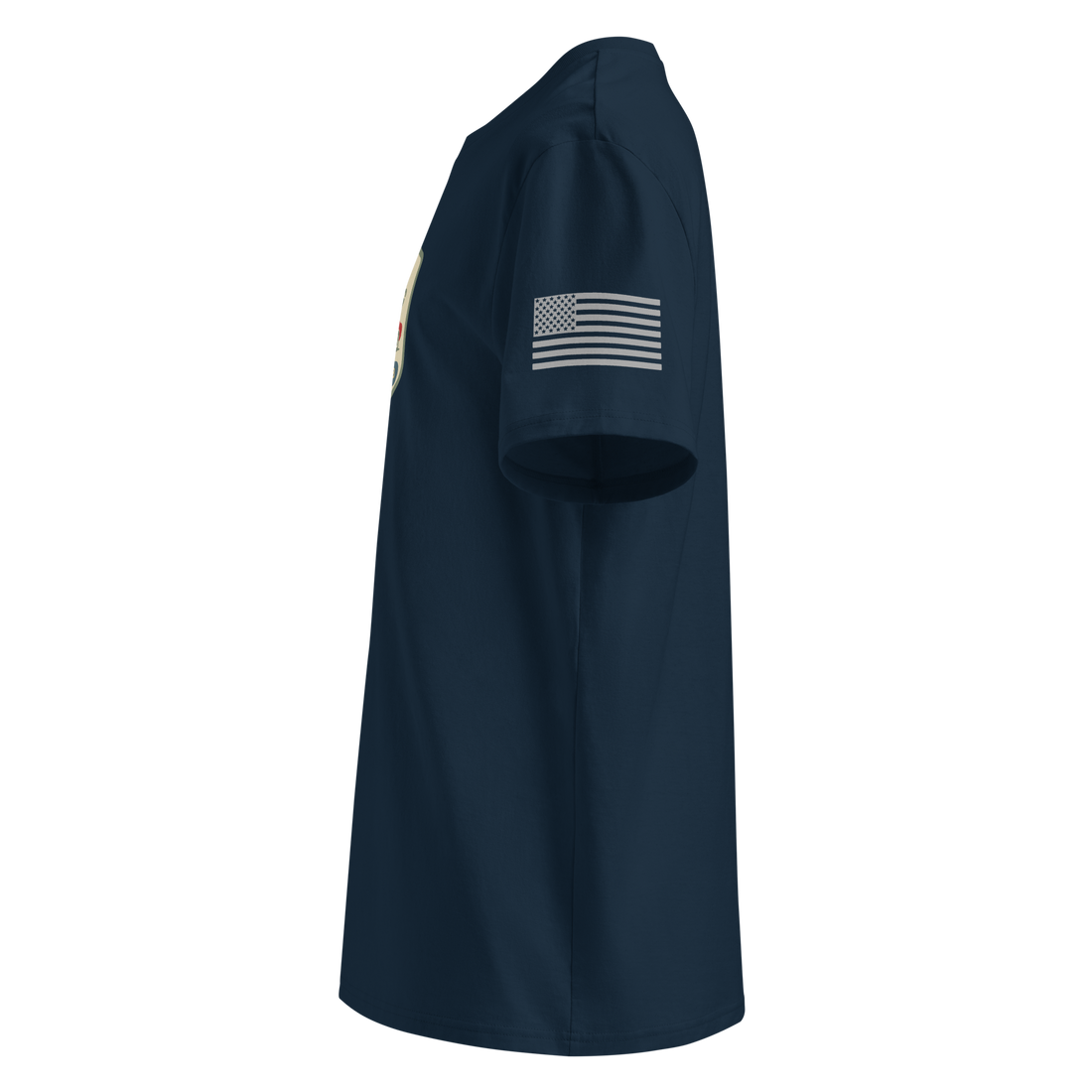 Classic Motoring cotton t-shirt in navy blue made from 100% organic cotton with USA flag print on sleeve, medium fit and eco-friendly design