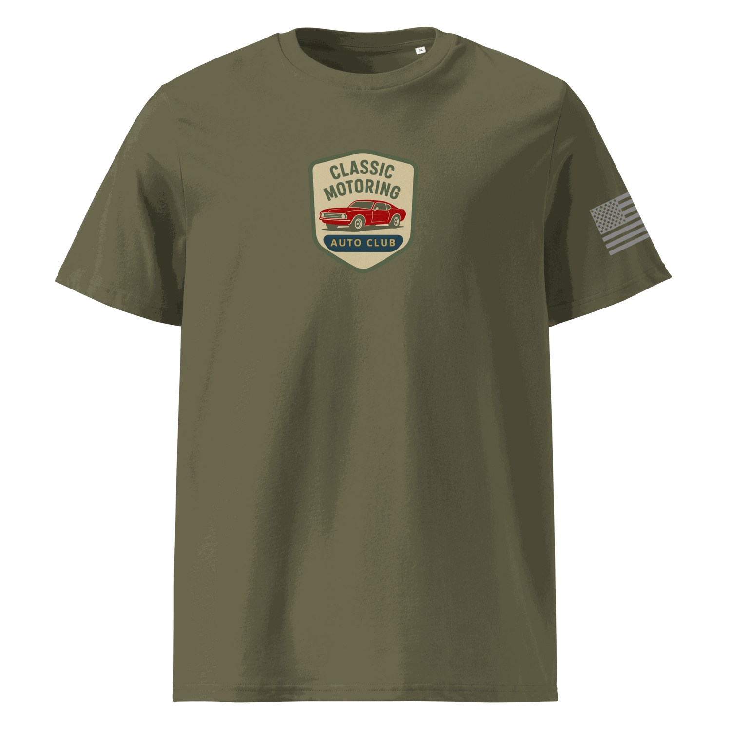 Classic Motoring cotton t-shirt in olive green with vintage car logo and American flag on sleeve, made from 100% organic cotton