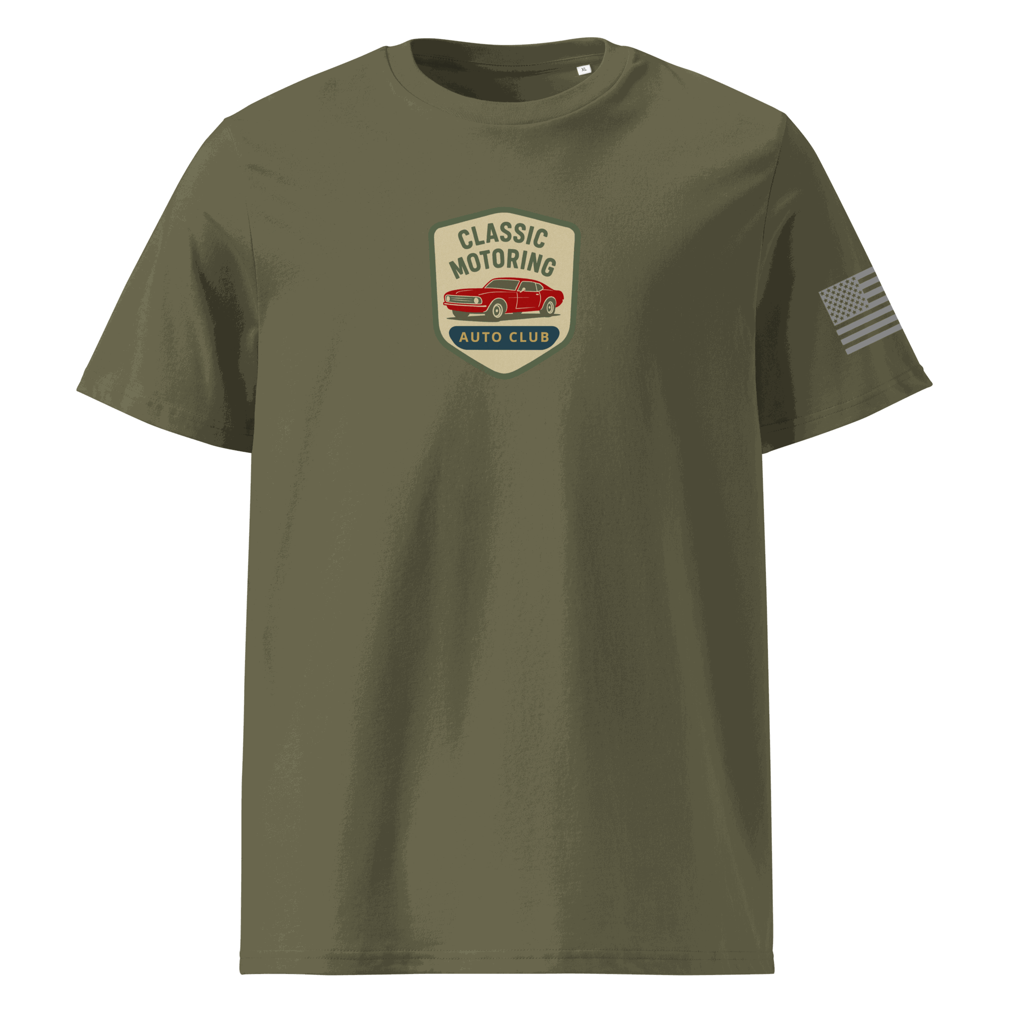 Classic Motoring cotton t-shirt in olive green with vintage car logo and American flag on sleeve, made from 100% organic cotton