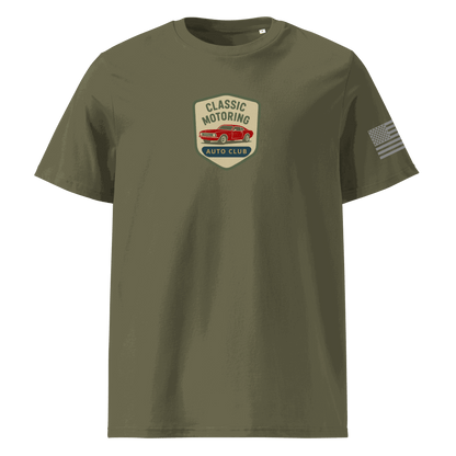 Classic Motoring cotton t-shirt in olive green with vintage car logo and American flag on sleeve, made from 100% organic cotton