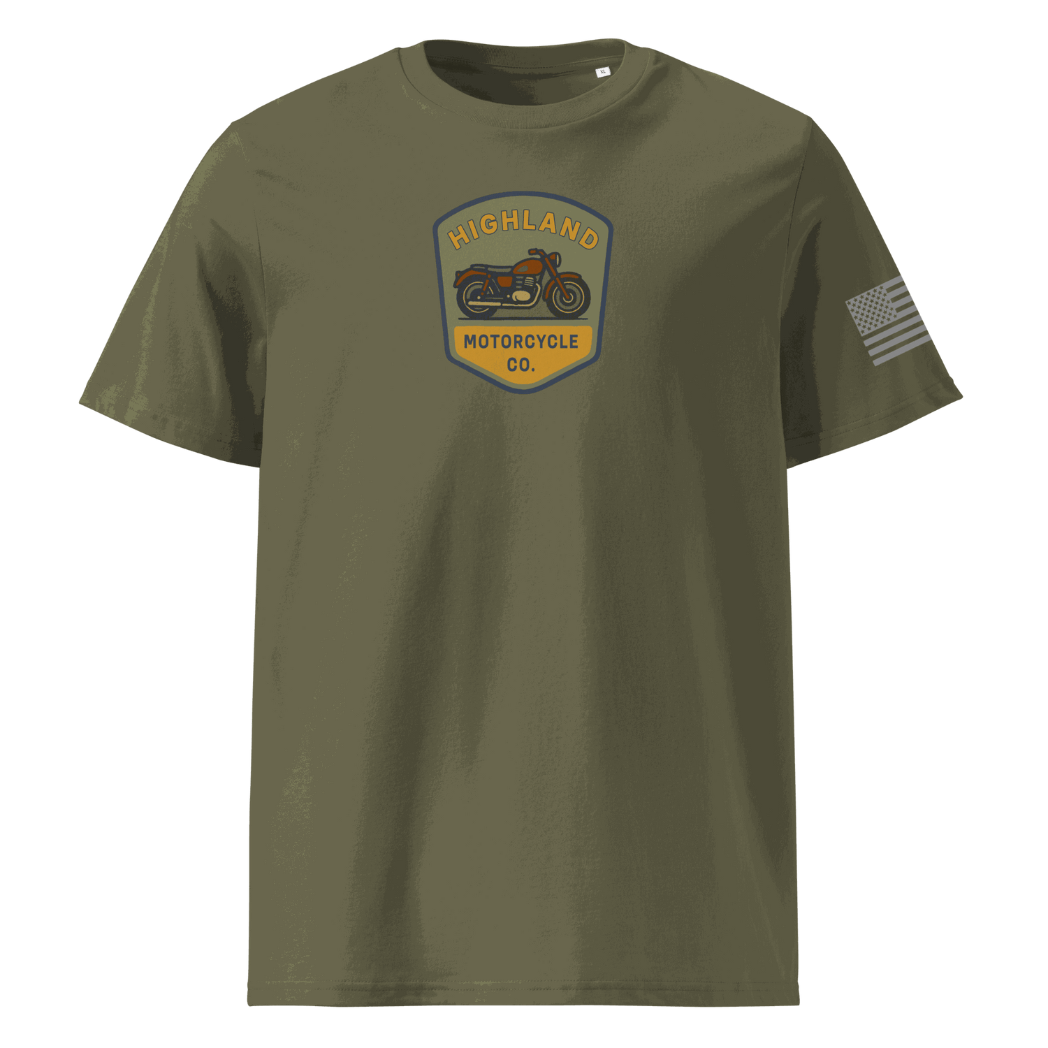 Highland Motorcycle Co. olive green organic cotton t-shirt with motorcycle logo and American flag on sleeve