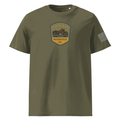 Highland Motorcycle Co. olive green organic cotton t-shirt with motorcycle logo and American flag on sleeve