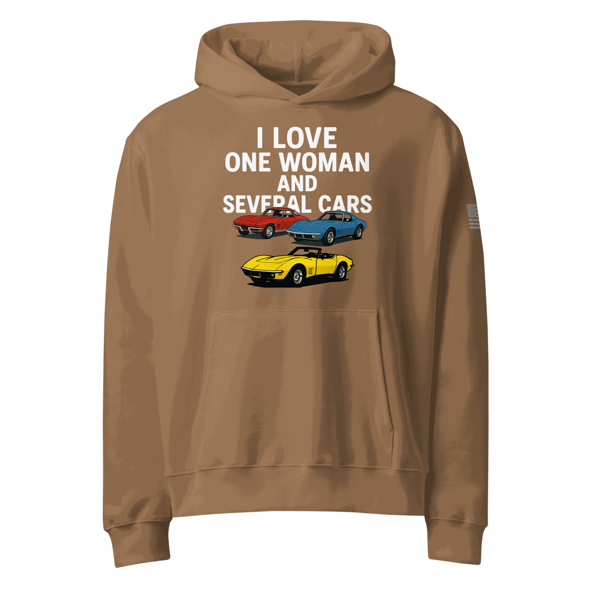 Woman wearing oversized heavyweight hoodie standing near several cars outdoors