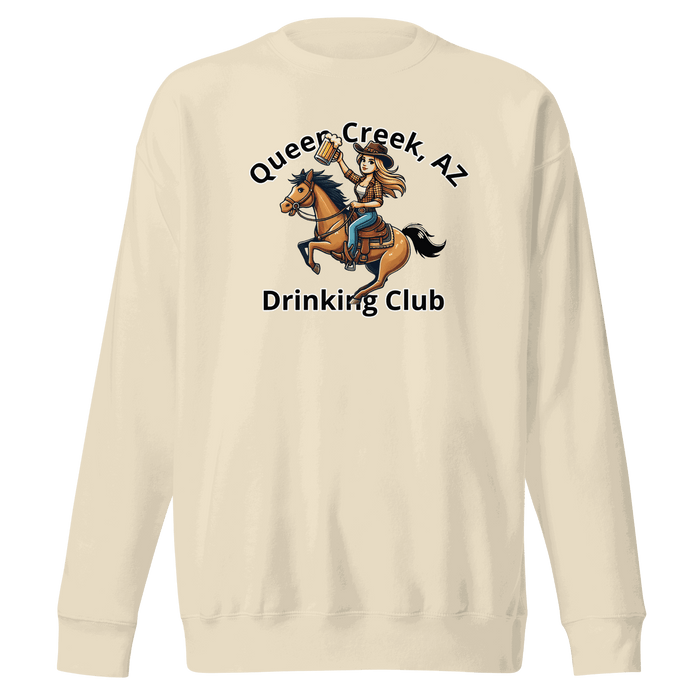 Queen Creek Drinking Club sweatshirt with playful design for cozy casual wear
