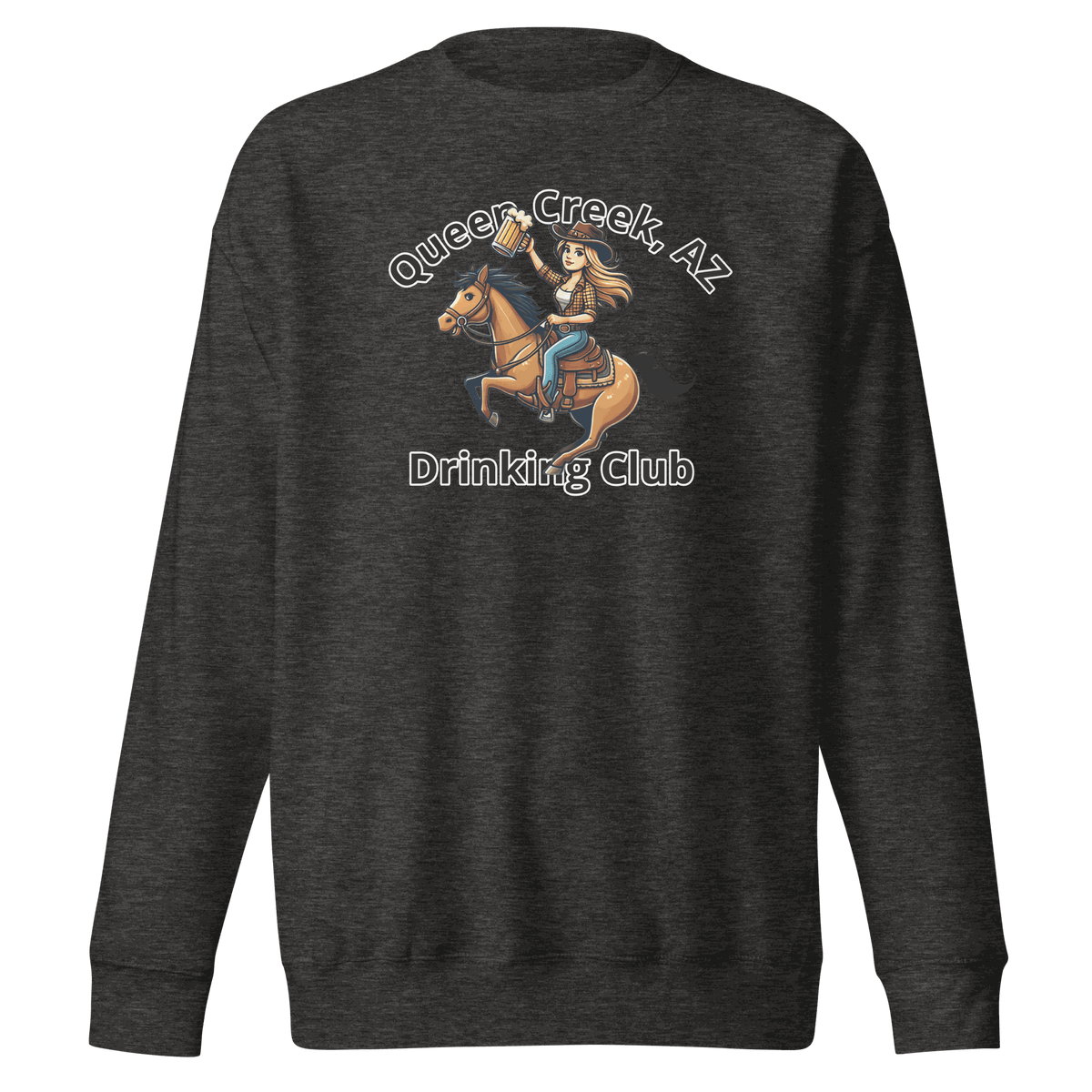 Queen Creek Drinking Club sweatshirt with playful design for cozy casual wear