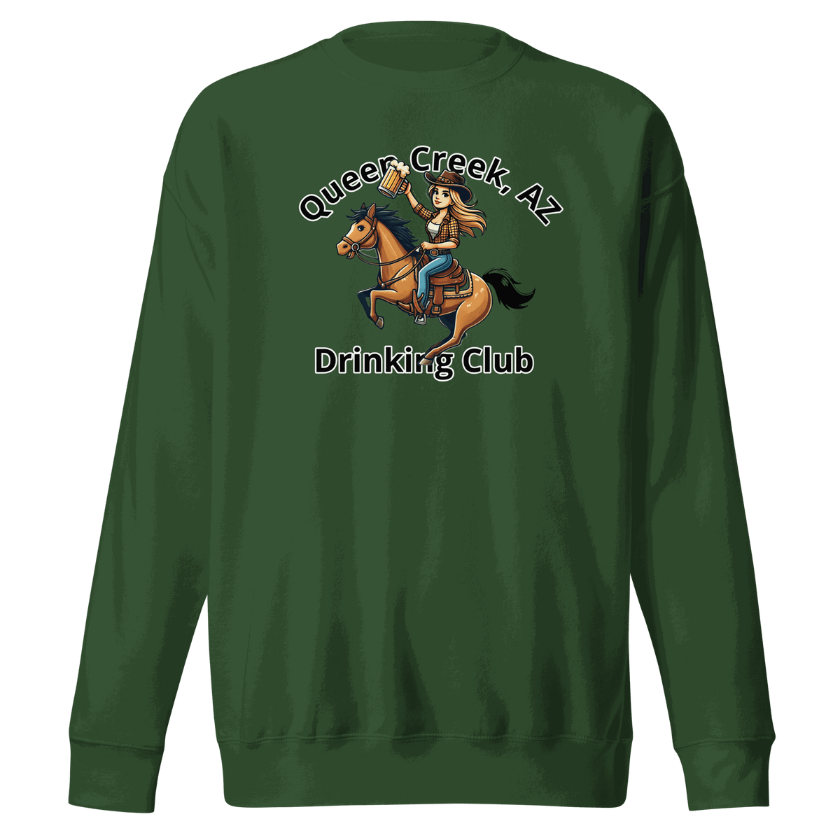 Queen Creek Drinking Club sweatshirt with playful design for casual comfort and style