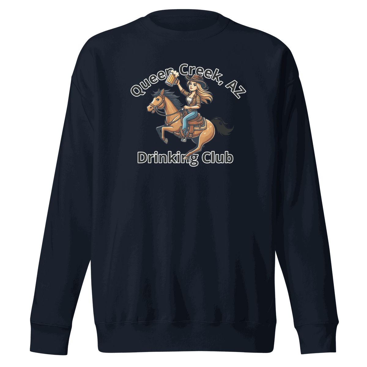 Queen Creek Drinking Club sweatshirt with playful design for casual comfort and style