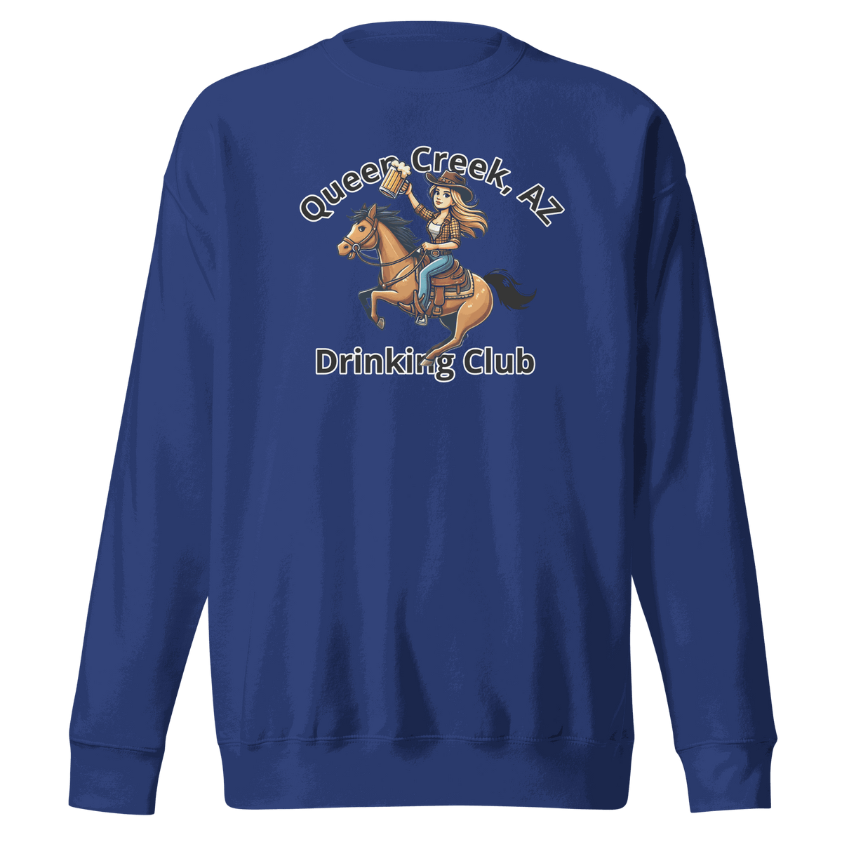 Queen Creek Drinking Club sweatshirt with playful design for cozy casual wear