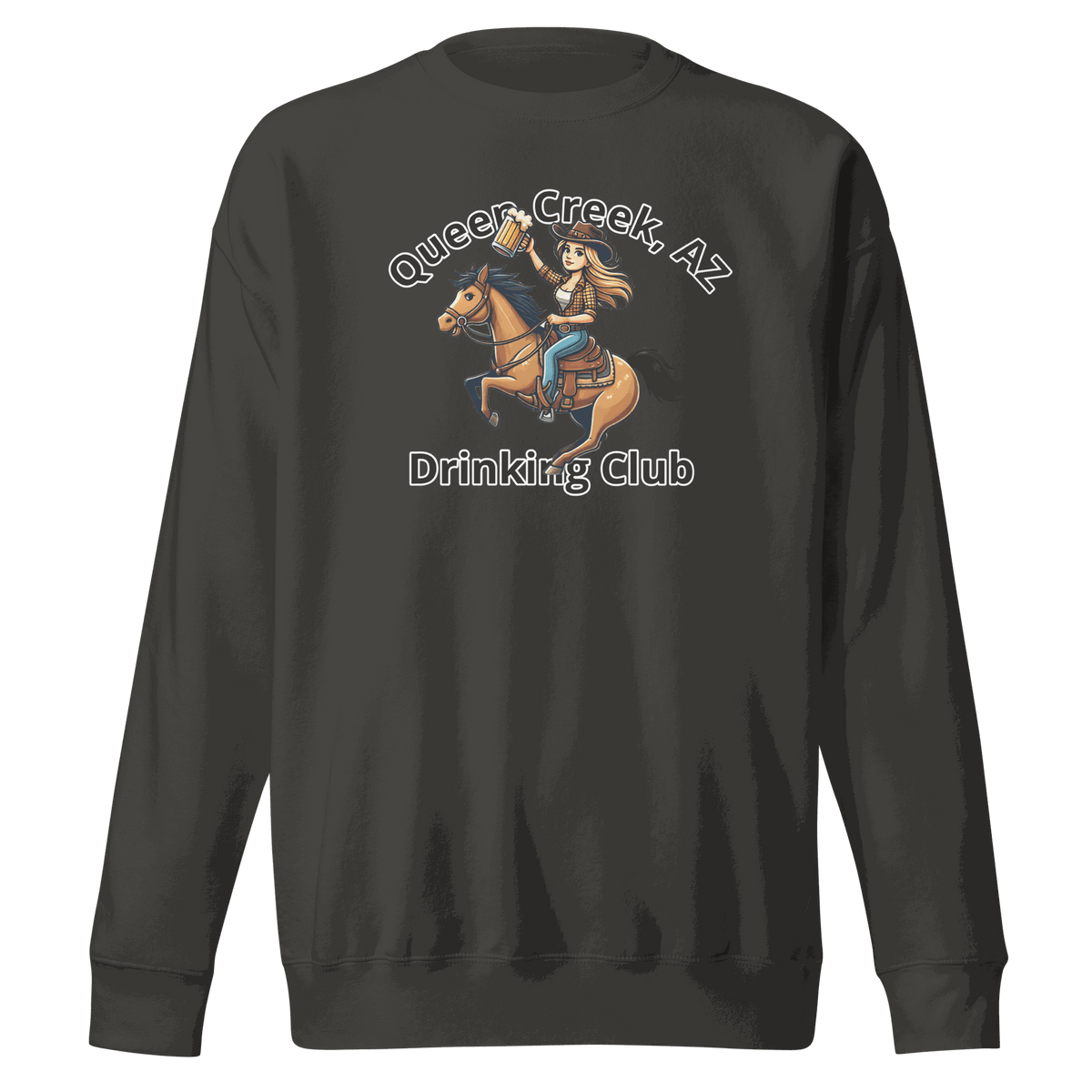 Queen Creek Drinking Club sweatshirt with playful design for cozy casual wear