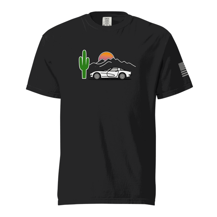 Black Corvette t-shirt with retro muscle car design and desert sunset graphic