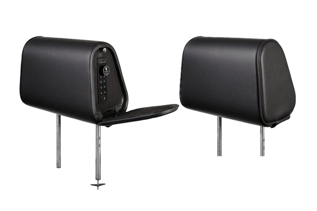 The Vulcan Headrest Safe steel lock installed on truck seat headrest for secure firearm storage