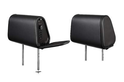 The Vulcan Headrest Safe steel lock installed on truck seat headrest for secure firearm storage