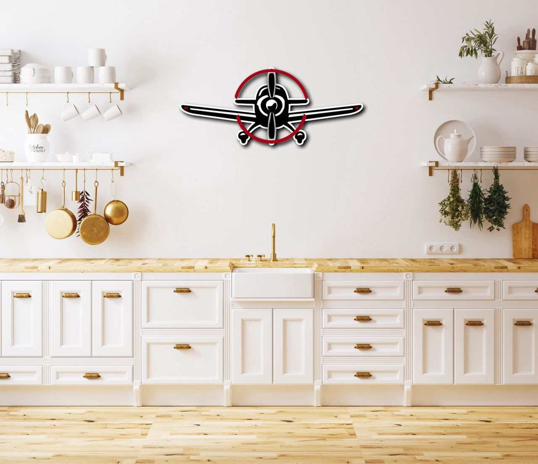 Multicolor Metal Sign featuring a propeller plane wall art in a modern kitchen setting
