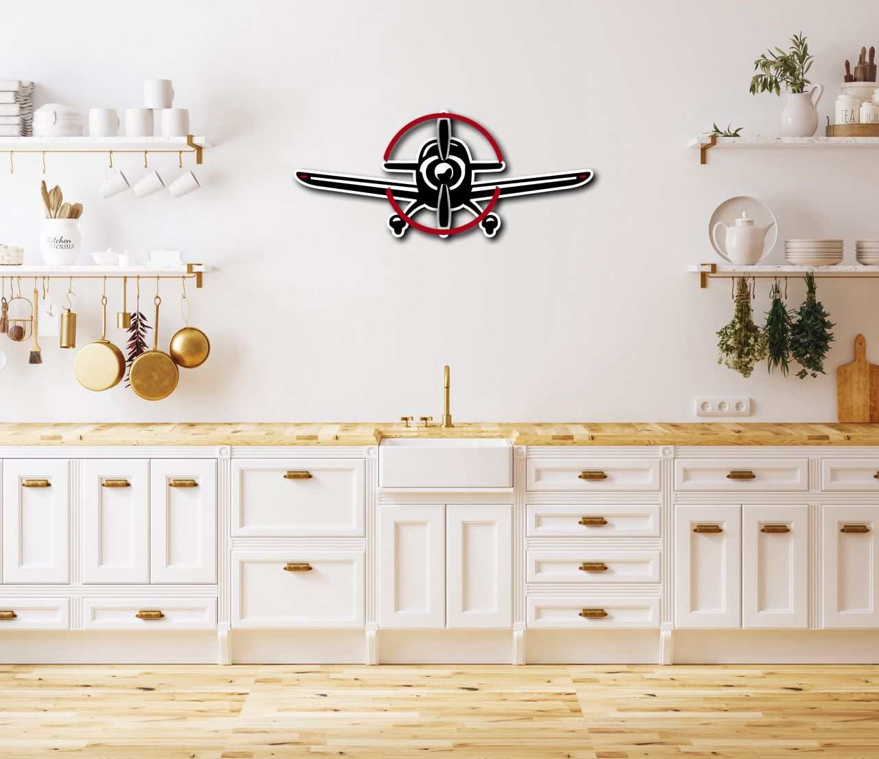 Multicolor Metal Sign featuring a propeller plane wall art in a modern kitchen setting