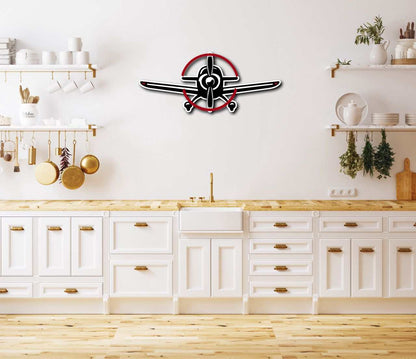Multicolor Metal Sign featuring a propeller plane wall art in a modern kitchen setting