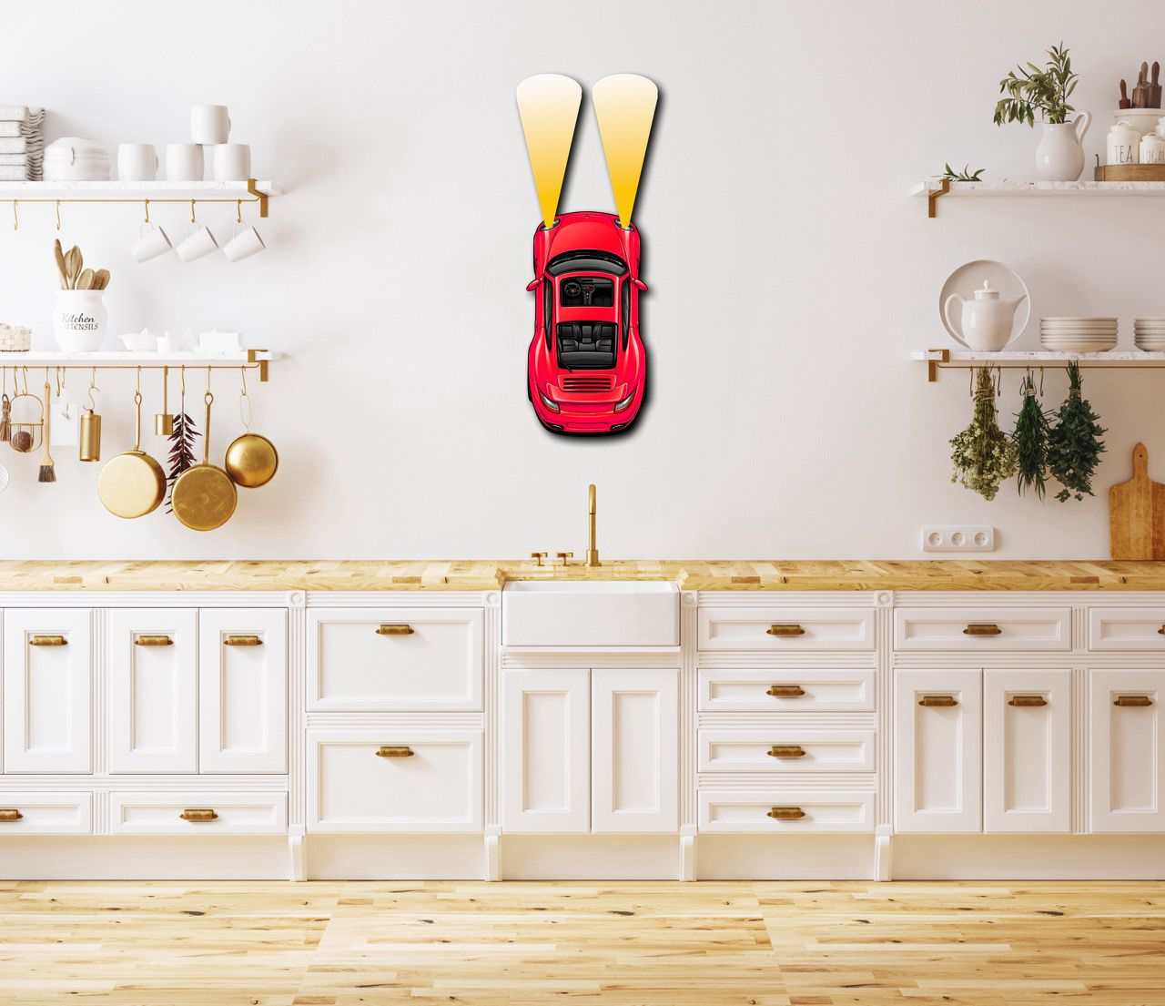 metal car wall art with red finish and bold headlights mounted on white kitchen wall
