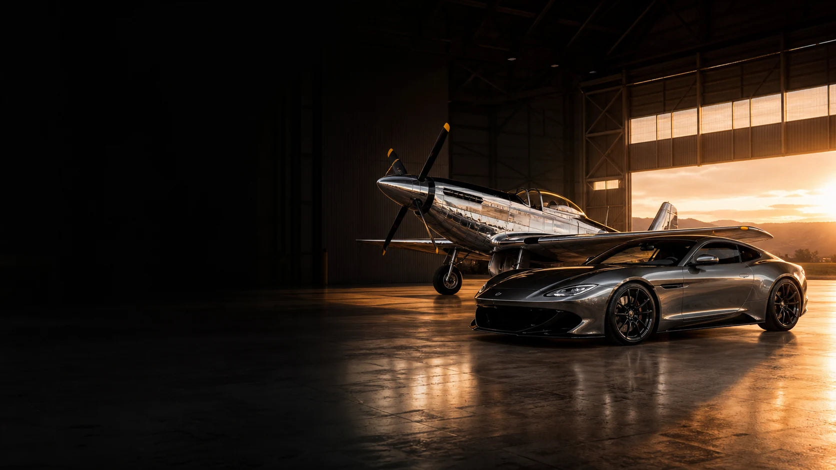 Classic propeller aircraft and modern performance car inside a premium hangar